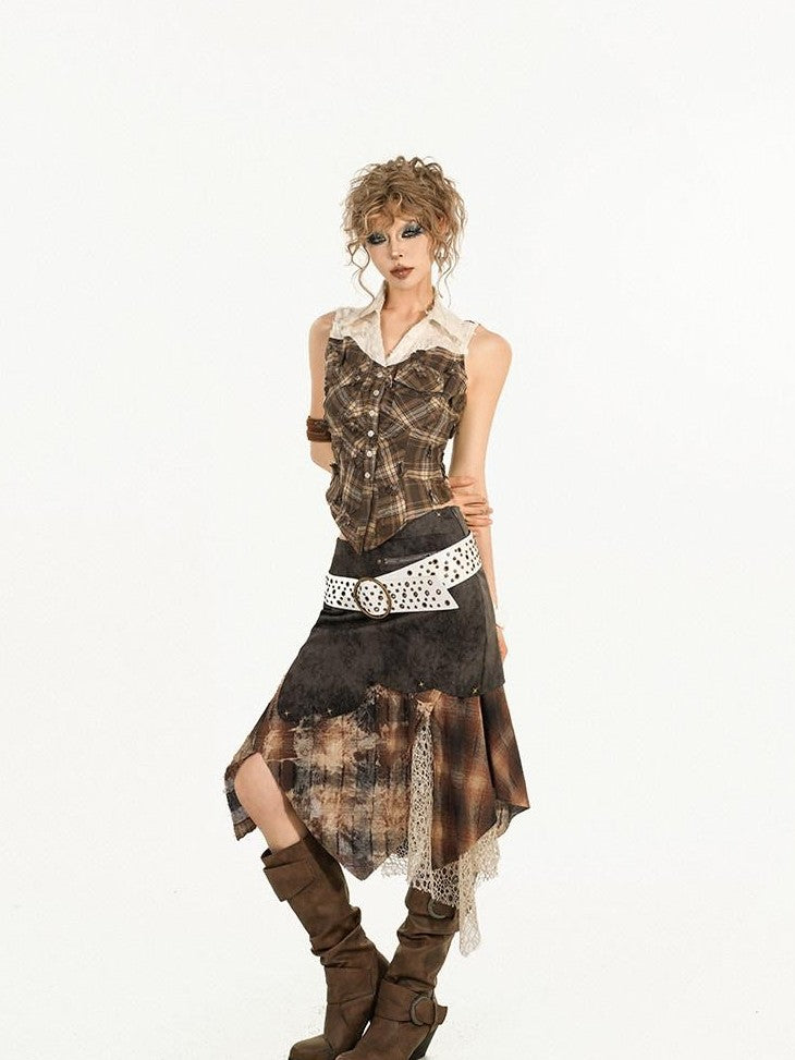 Nico Molly Brown Street Patchwork Plaid Collared Women's Mixed Fabric Blouses