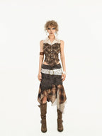 Nico Molly Brown Street Patchwork Plaid Collared Women's Mixed Fabric Blouses