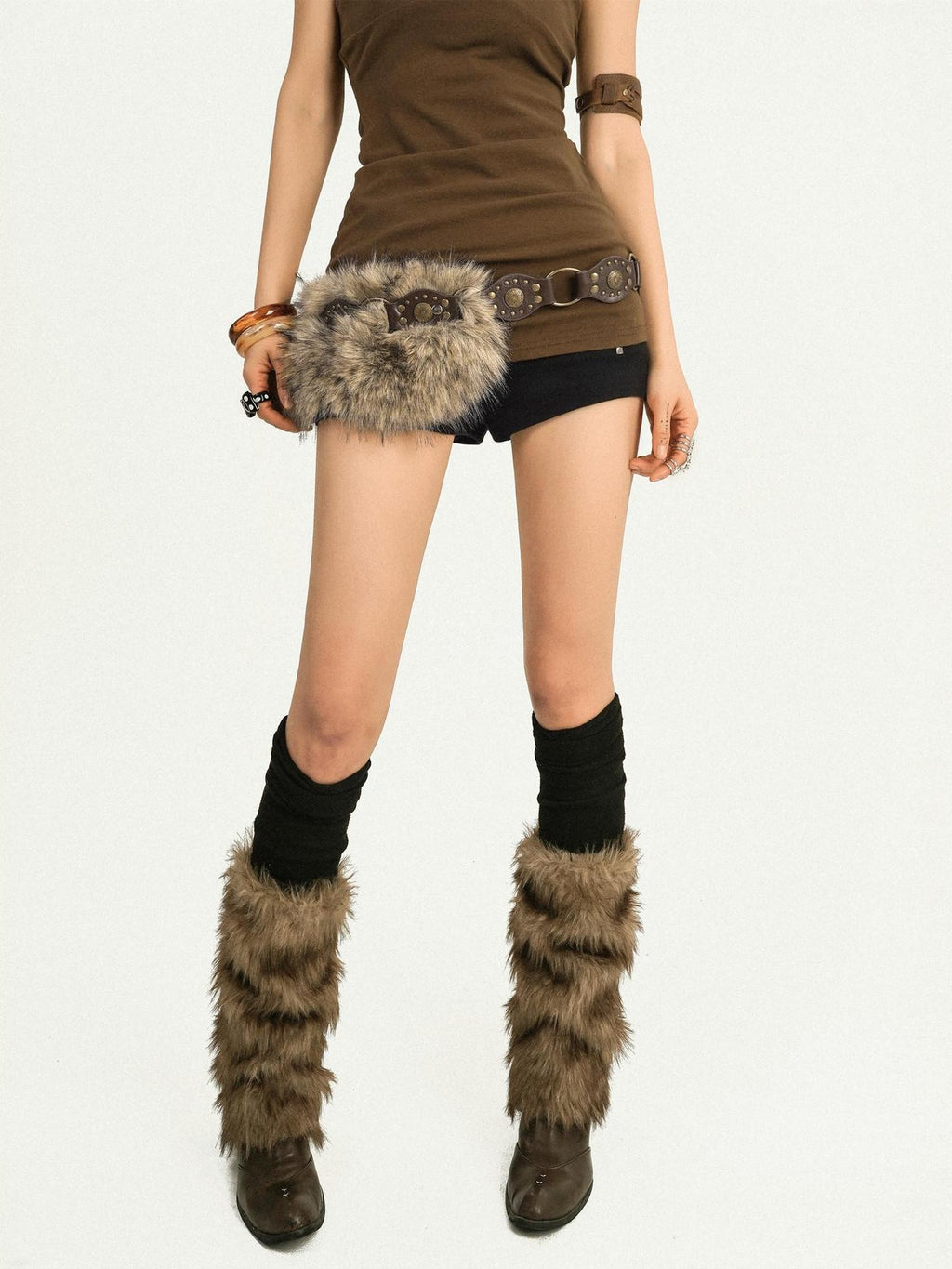 Nico Molly Brown Studded Fur Trim Vintage Y2k Women's Faux Leather Belts