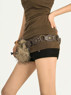 Nico Molly Brown Studded Fur Trim Vintage Y2k Women's Faux Leather Belts