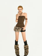 Nico Molly Brown Studded Fur Trim Vintage Y2k Women's Faux Leather Belts