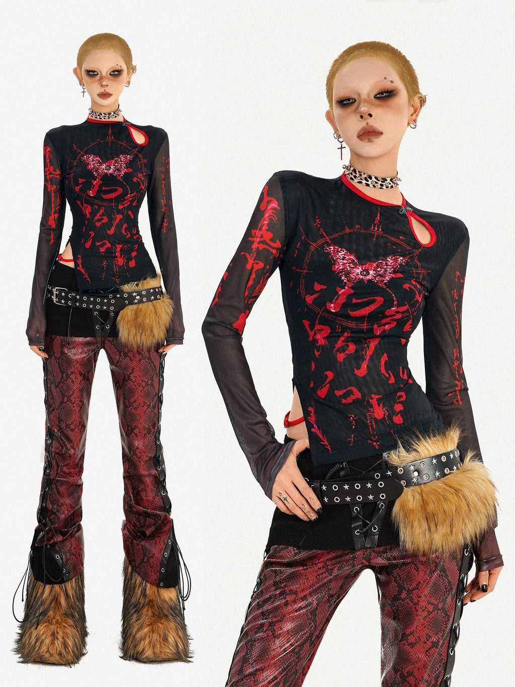 Nico Molly Butterfly Print Asymmetric Dark Women's Mesh Slim Fit Long Sleeve T-shirts