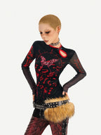 Nico Molly Butterfly Print Asymmetric Dark Women's Mesh Slim Fit Long Sleeve T-shirts