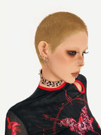 Nico Molly Butterfly Print Asymmetric Dark Women's Mesh Slim Fit Long Sleeve T-shirts
