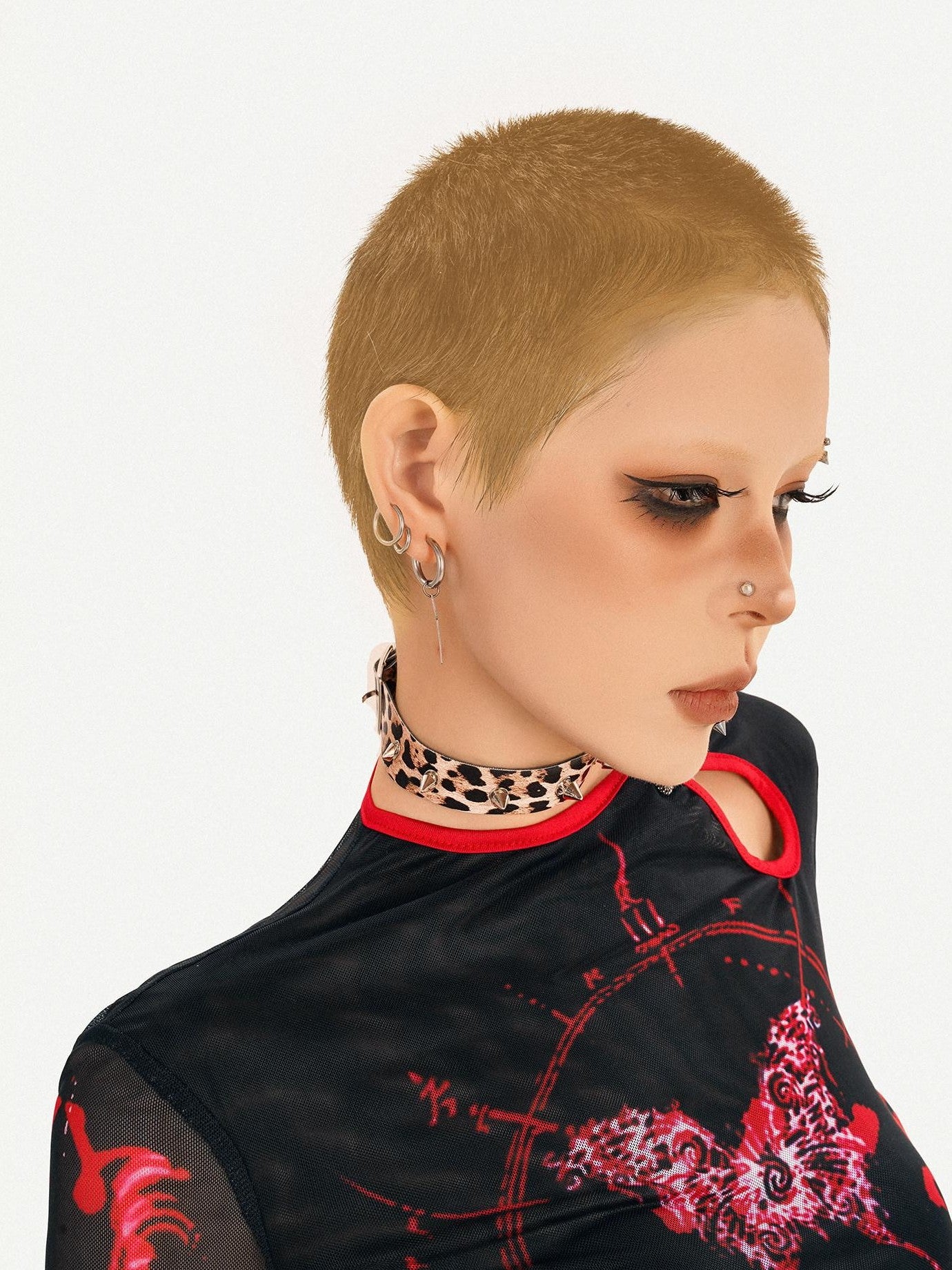 Nico Molly Butterfly Print Asymmetric Dark Women's Mesh Slim Fit Long Sleeve T-shirts