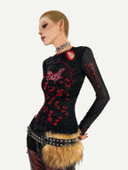 Nico Molly Butterfly Print Asymmetric Dark Women's Mesh Slim Fit Long Sleeve T-shirts