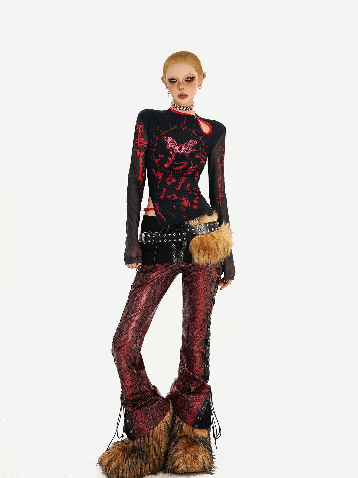 Nico Molly Butterfly Print Asymmetric Dark Women's Mesh Slim Fit Long Sleeve T-shirts