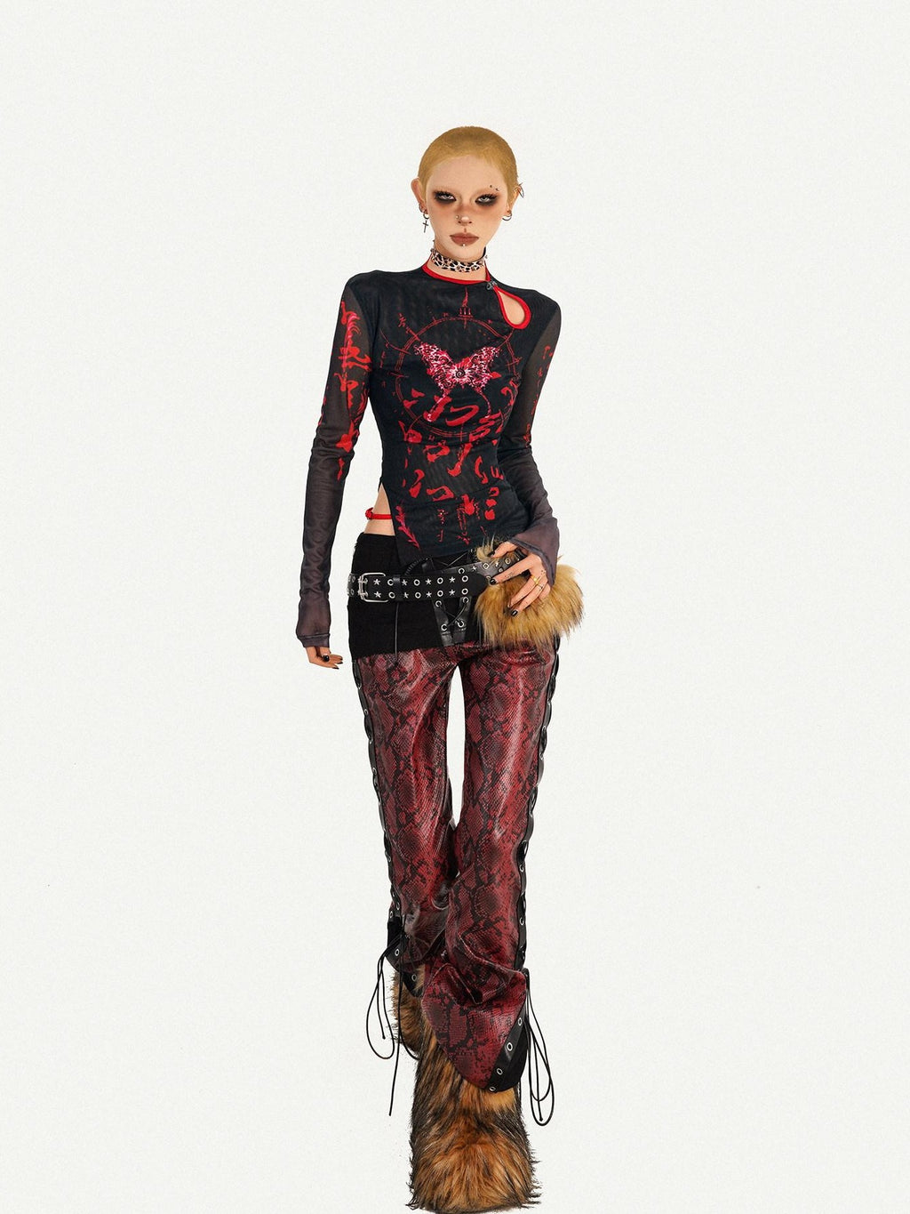 Nico Molly Butterfly Print Asymmetric Dark Women's Mesh Slim Fit Long Sleeve T-shirts