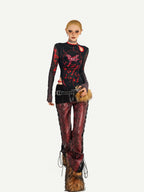Nico Molly Butterfly Print Asymmetric Dark Women's Mesh Slim Fit Long Sleeve T-shirts