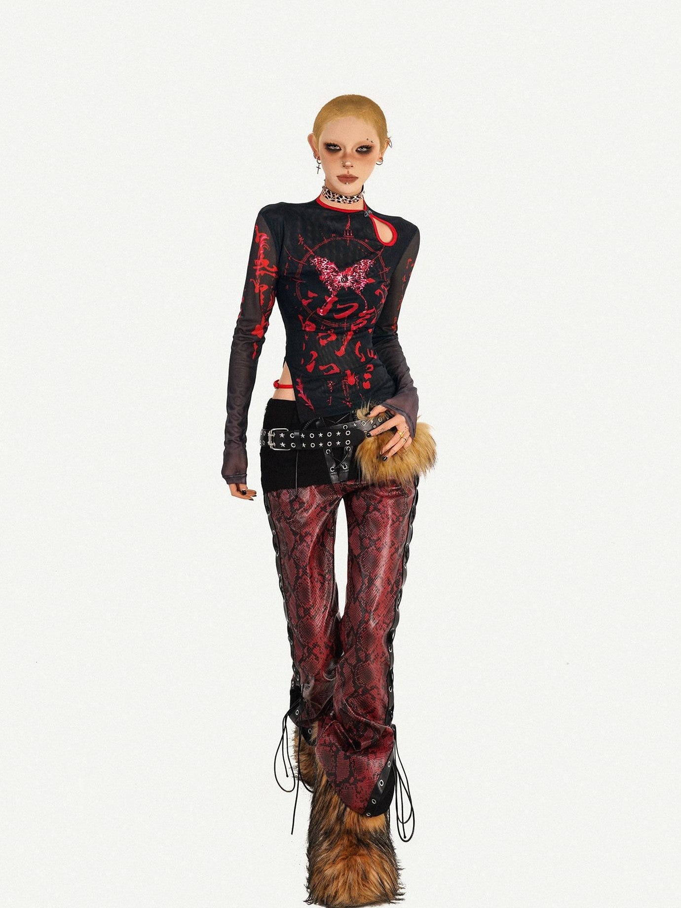 Nico Molly Butterfly Print Asymmetric Dark Women's Mesh Slim Fit Long Sleeve T-shirts