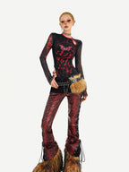 Nico Molly Butterfly Print Asymmetric Dark Women's Mesh Slim Fit Long Sleeve T-shirts