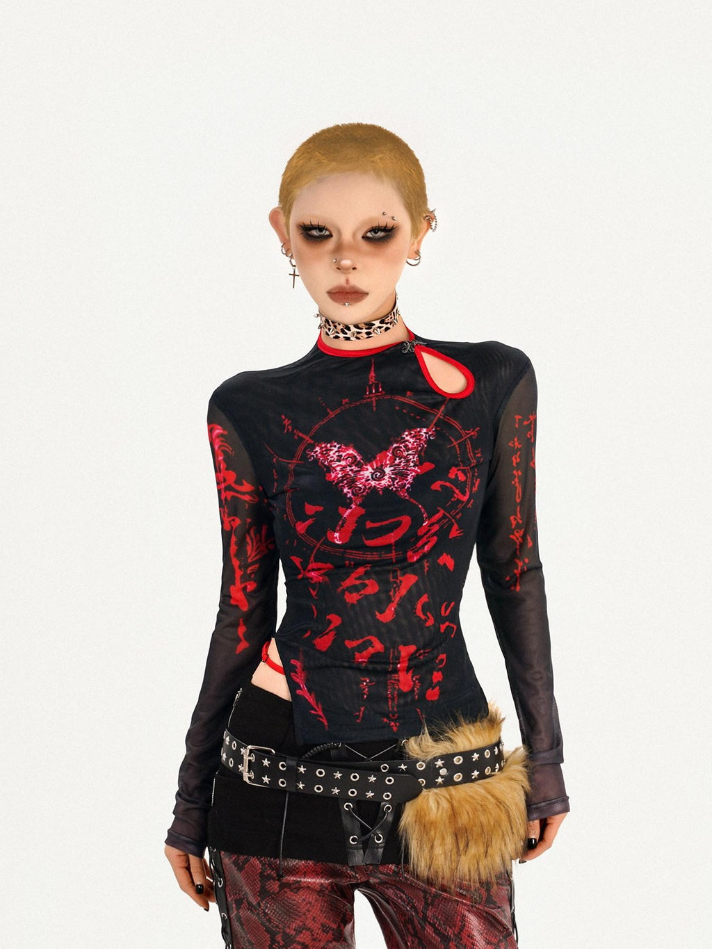 Nico Molly Butterfly Print Asymmetric Dark Women's Mesh Slim Fit Long Sleeve T-shirts