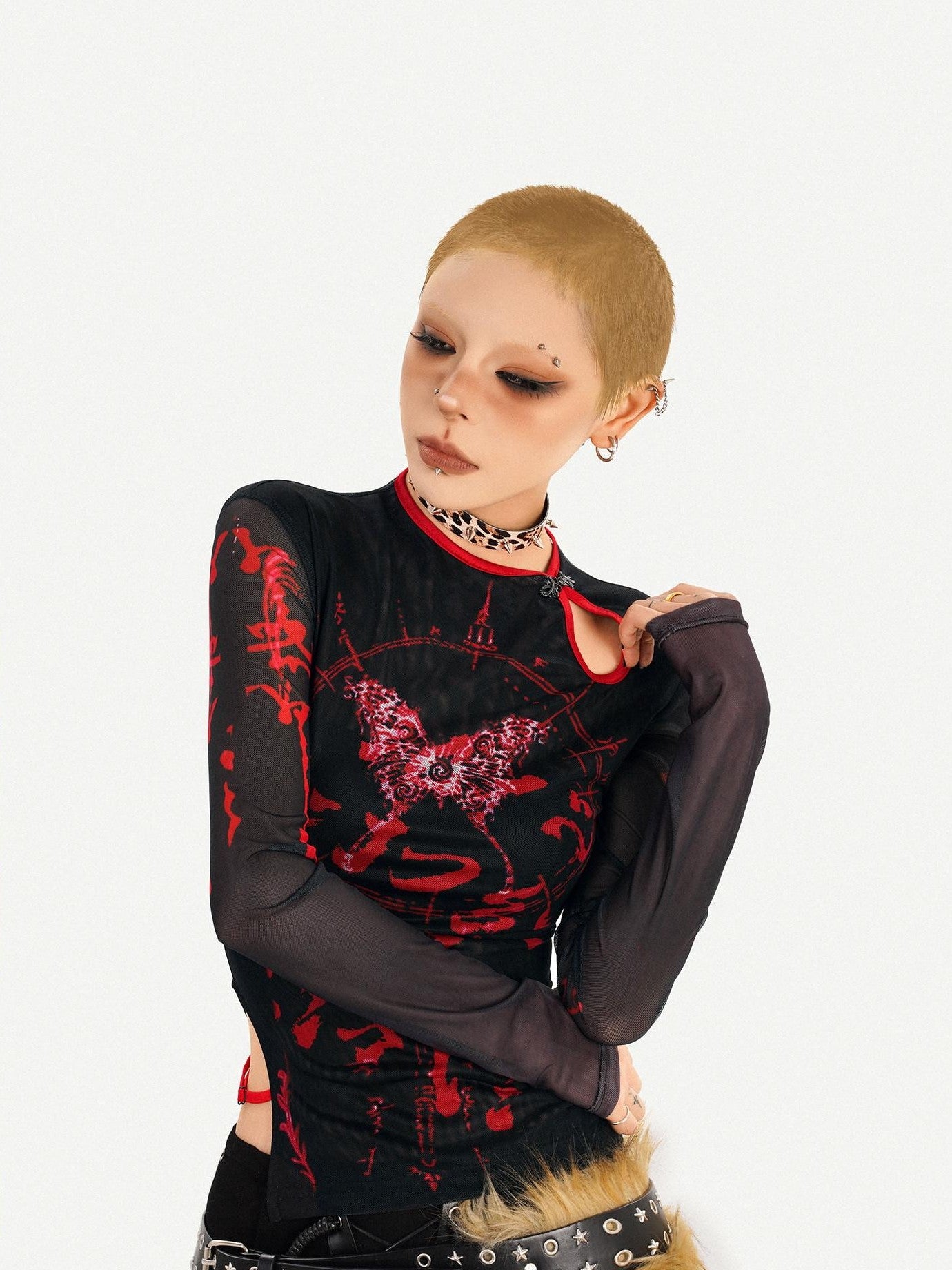 Nico Molly Butterfly Print Asymmetric Dark Women's Mesh Slim Fit Long Sleeve T-shirts