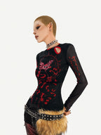 Nico Molly Butterfly Print Asymmetric Dark Women's Mesh Slim Fit Long Sleeve T-shirts