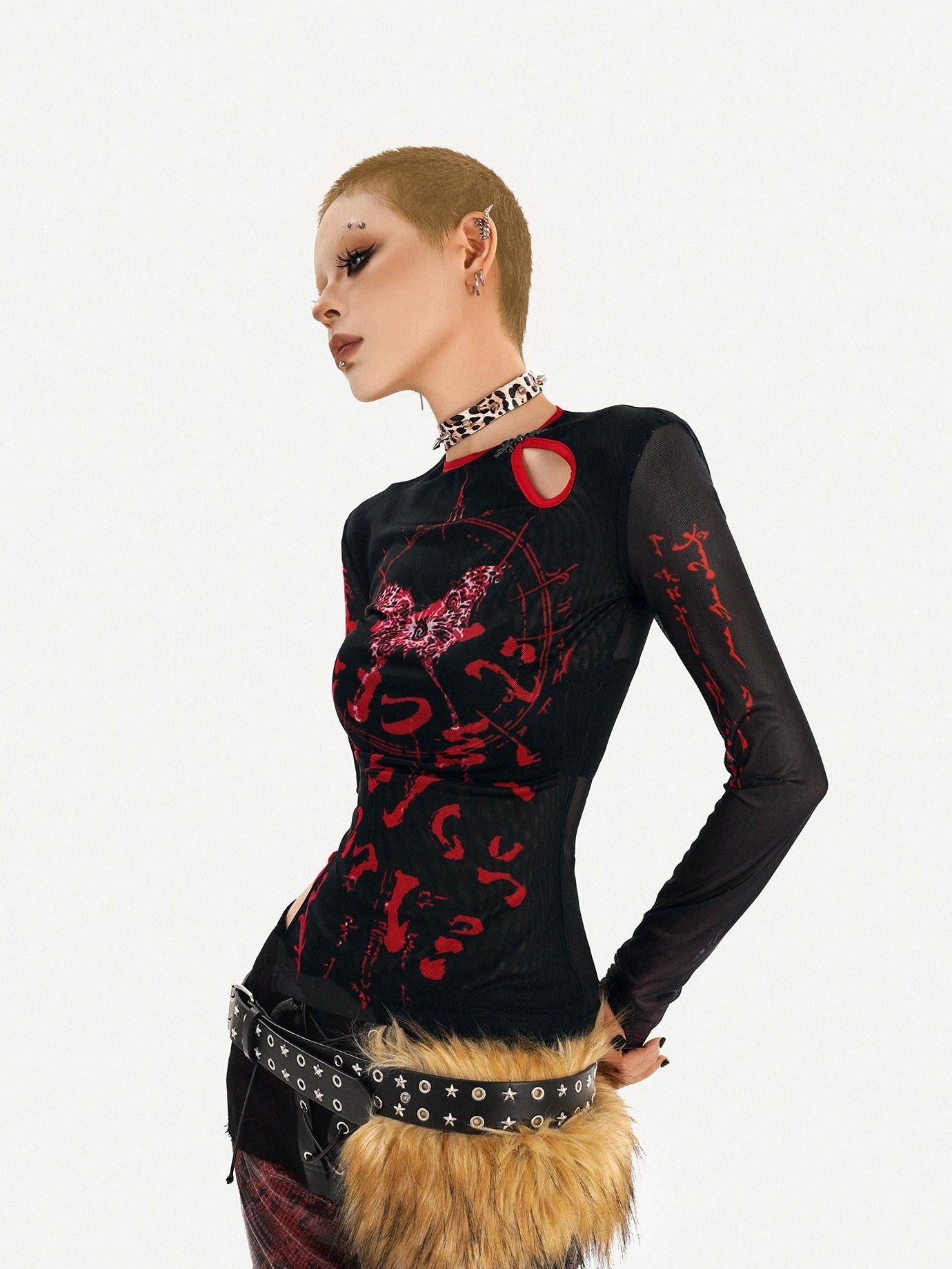 Nico Molly Butterfly Print Asymmetric Dark Women's Mesh Slim Fit Long Sleeve T-shirts