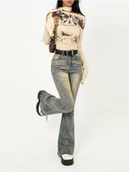 Nico Molly Butterfly Print Tie Dye Off Shoulder Cropped Women's Cotton Long Sleeve T-shirts