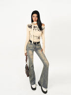 Nico Molly Butterfly Print Tie Dye Off Shoulder Cropped Women's Cotton Long Sleeve T-shirts