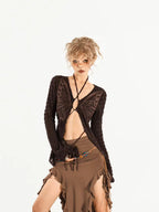 Nico Molly Butterfly Tie Slim V-neck Cardigan Women's Polyester Long Sleeve T-shirts