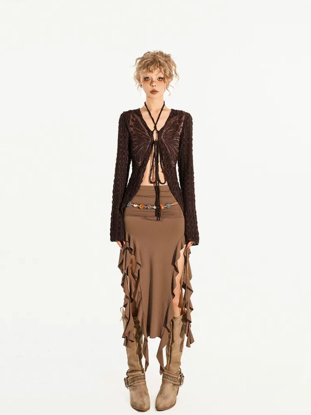 Nico Molly Butterfly Tie Slim V-neck Cardigan Women's Polyester Long Sleeve T-shirts