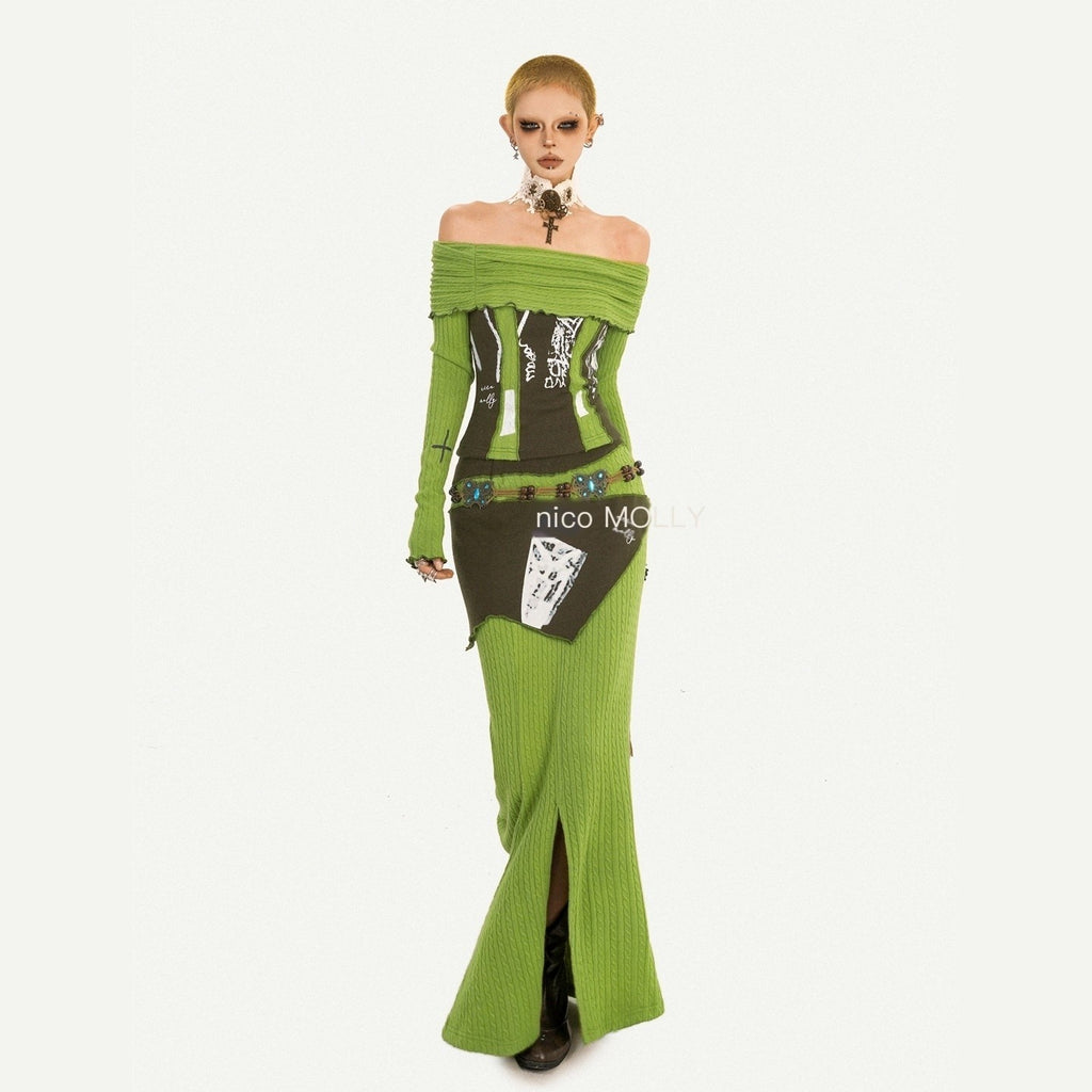 Nico_Molly_Buttery_Green_Letter_Print_Off_Shoulder_Slit_Women's_Top_&_Skirt_Sets_985315553297_MISSTT