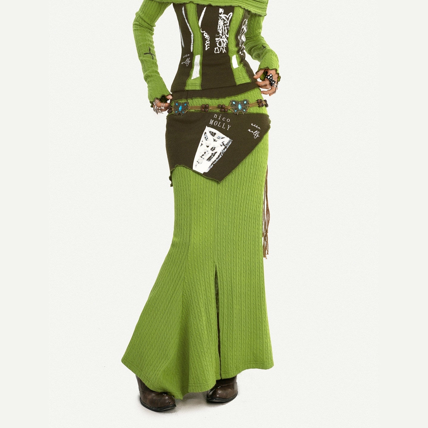 Nico_Molly_Buttery_Green_Letter_Print_Off_Shoulder_Slit_Women's_Top_&_Skirt_Sets_985315553297_MISSTT