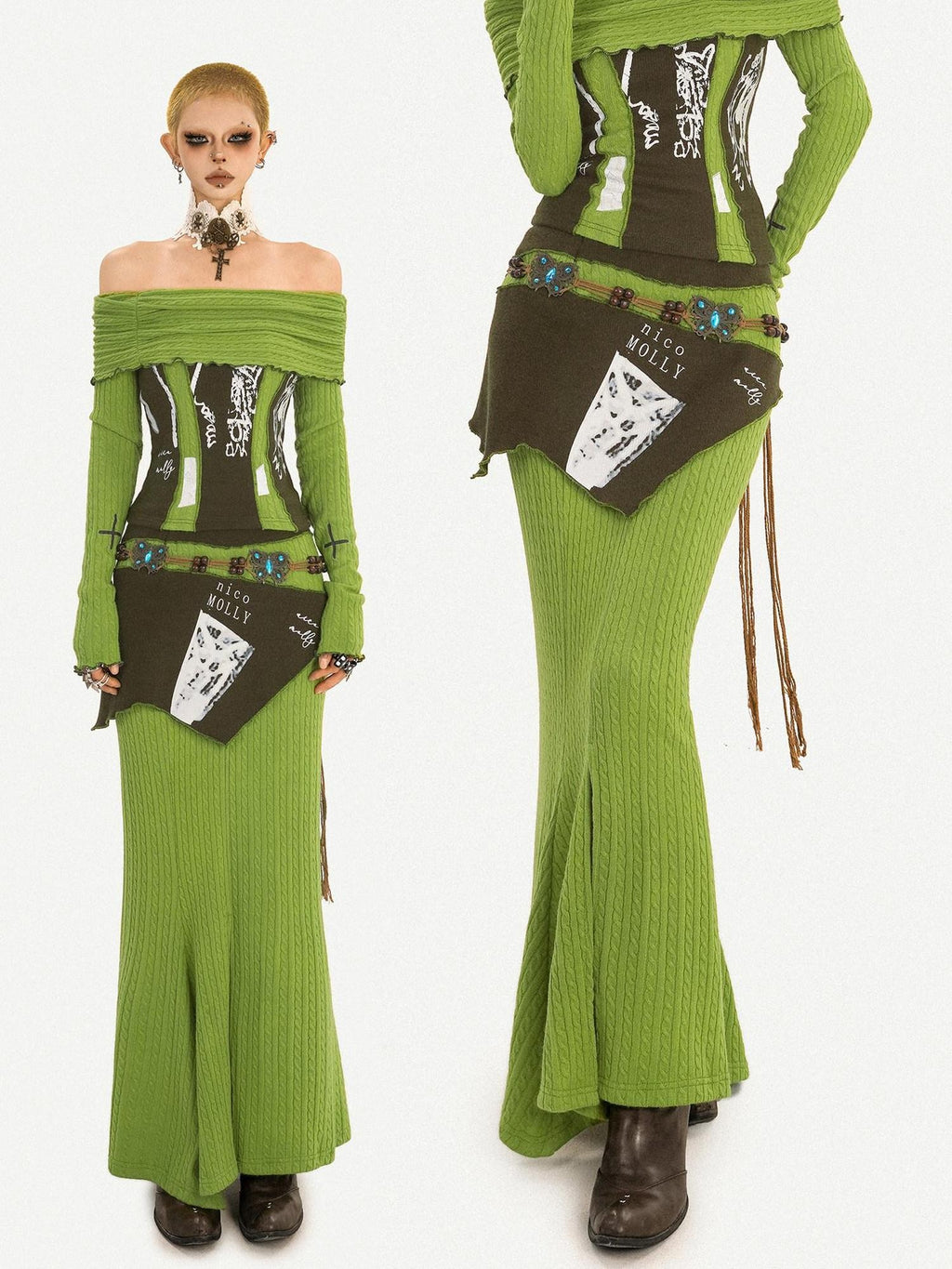 Nico Molly Buttery Green Letter Print Off Shoulder Slit Women's Top & Skirt Sets