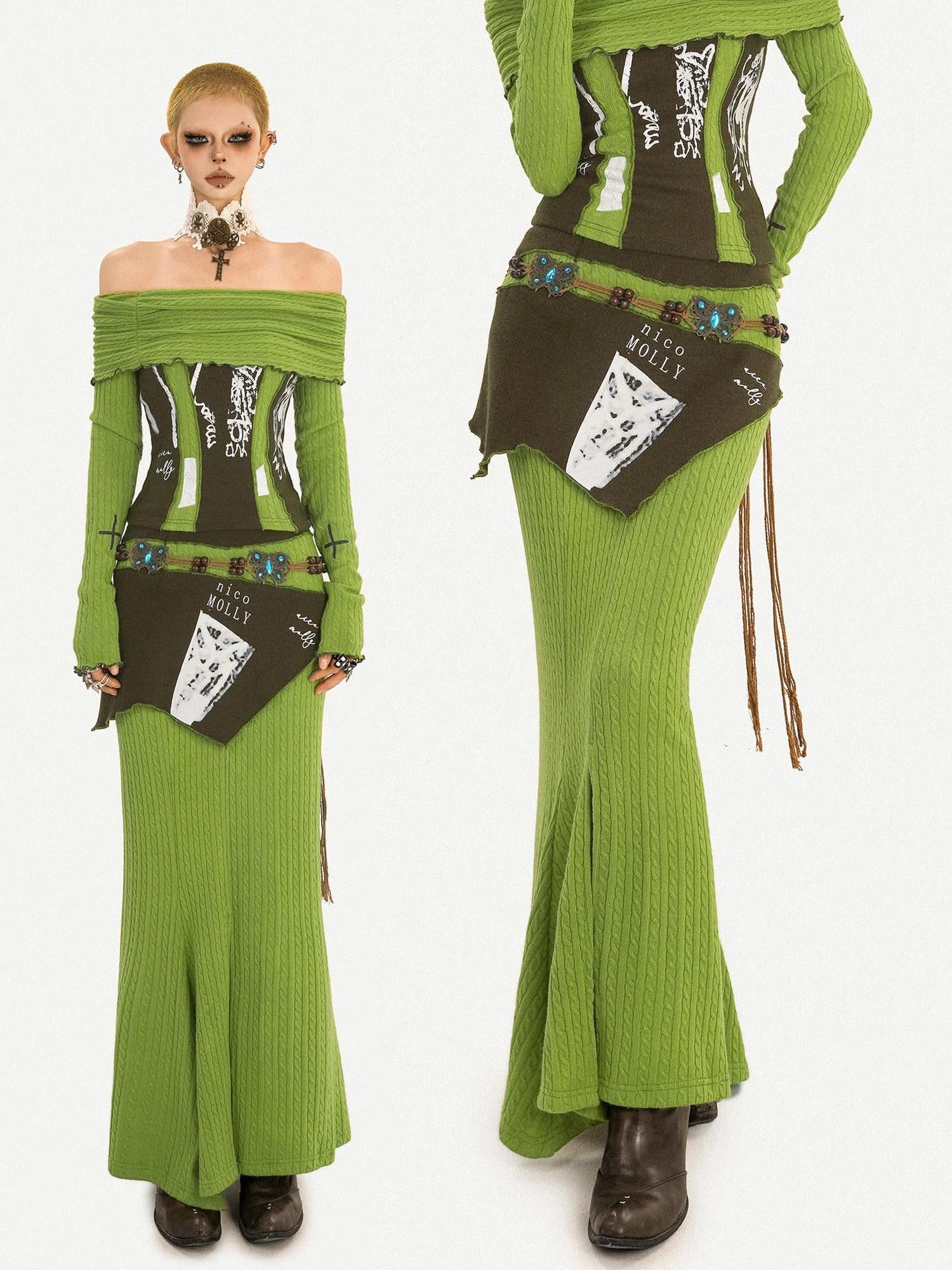 Nico Molly Buttery Green Letter Print Off Shoulder Slit Women's Top & Skirt Sets