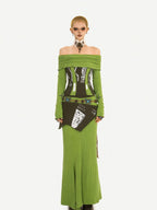 Nico Molly Buttery Green Letter Print Off Shoulder Slit Women's Top & Skirt Sets