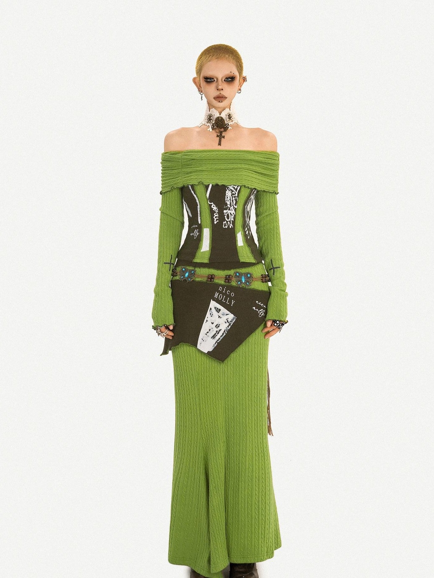 Nico Molly Buttery Green Letter Print Off Shoulder Slit Women's Top & Skirt Sets