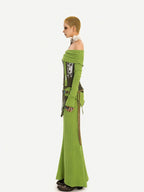 Nico Molly Buttery Green Letter Print Off Shoulder Slit Women's Top & Skirt Sets