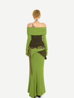 Nico Molly Buttery Green Letter Print Off Shoulder Slit Women's Top & Skirt Sets