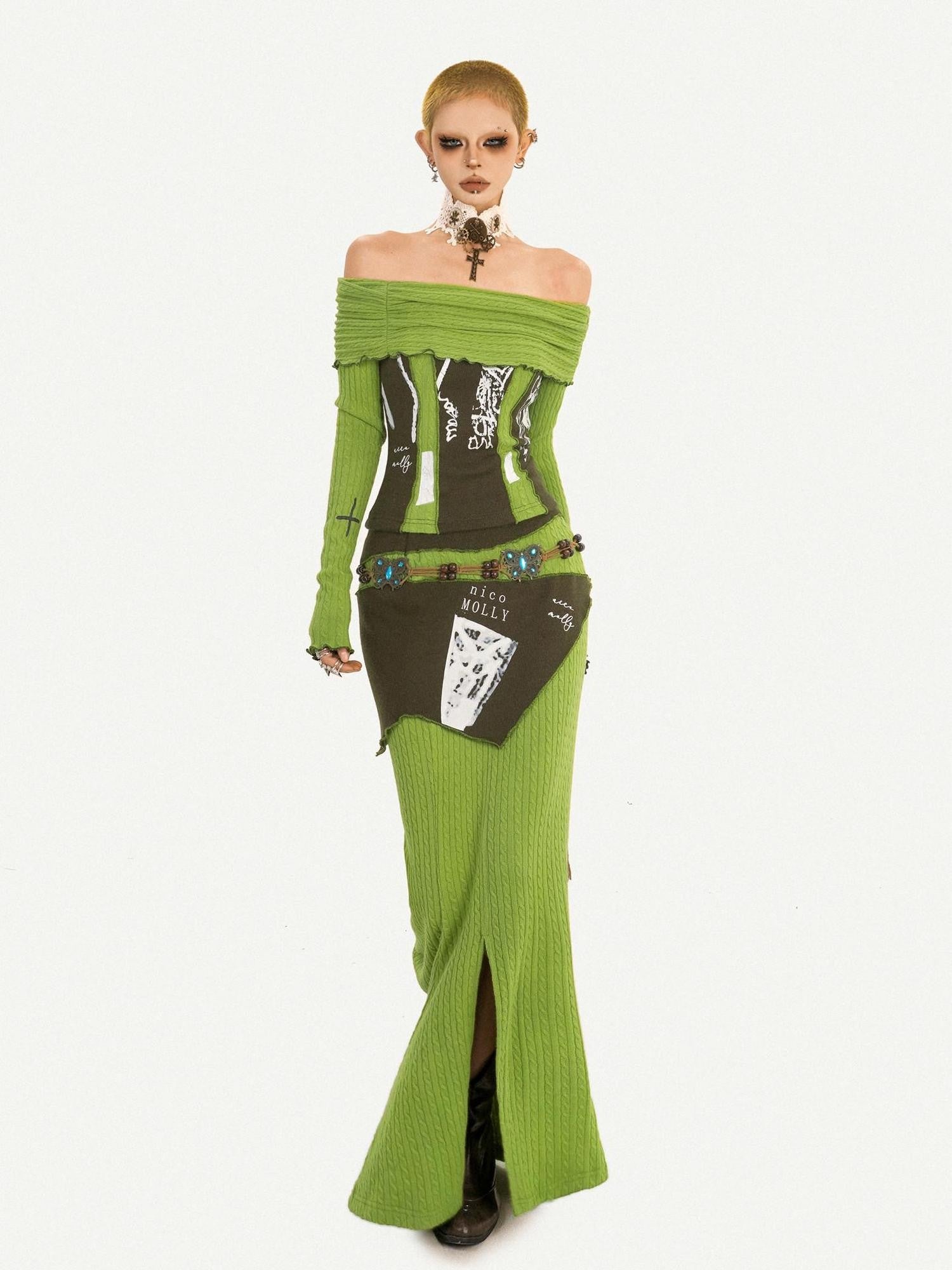 Nico Molly Buttery Green Letter Print Off Shoulder Slit Women's Top & Skirt Sets