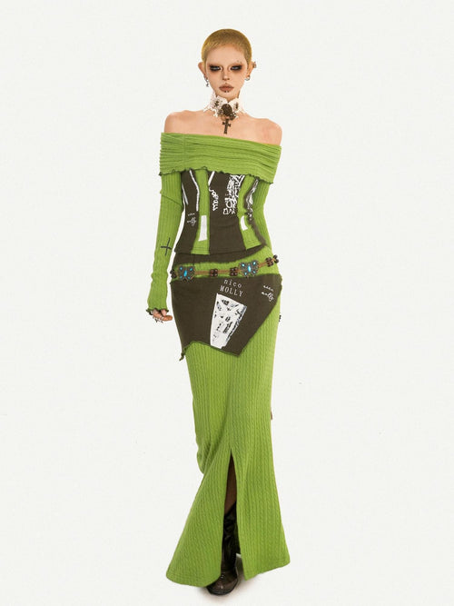 Nico Molly Buttery Green Letter Print Off Shoulder Slit Women's Top & Skirt Sets