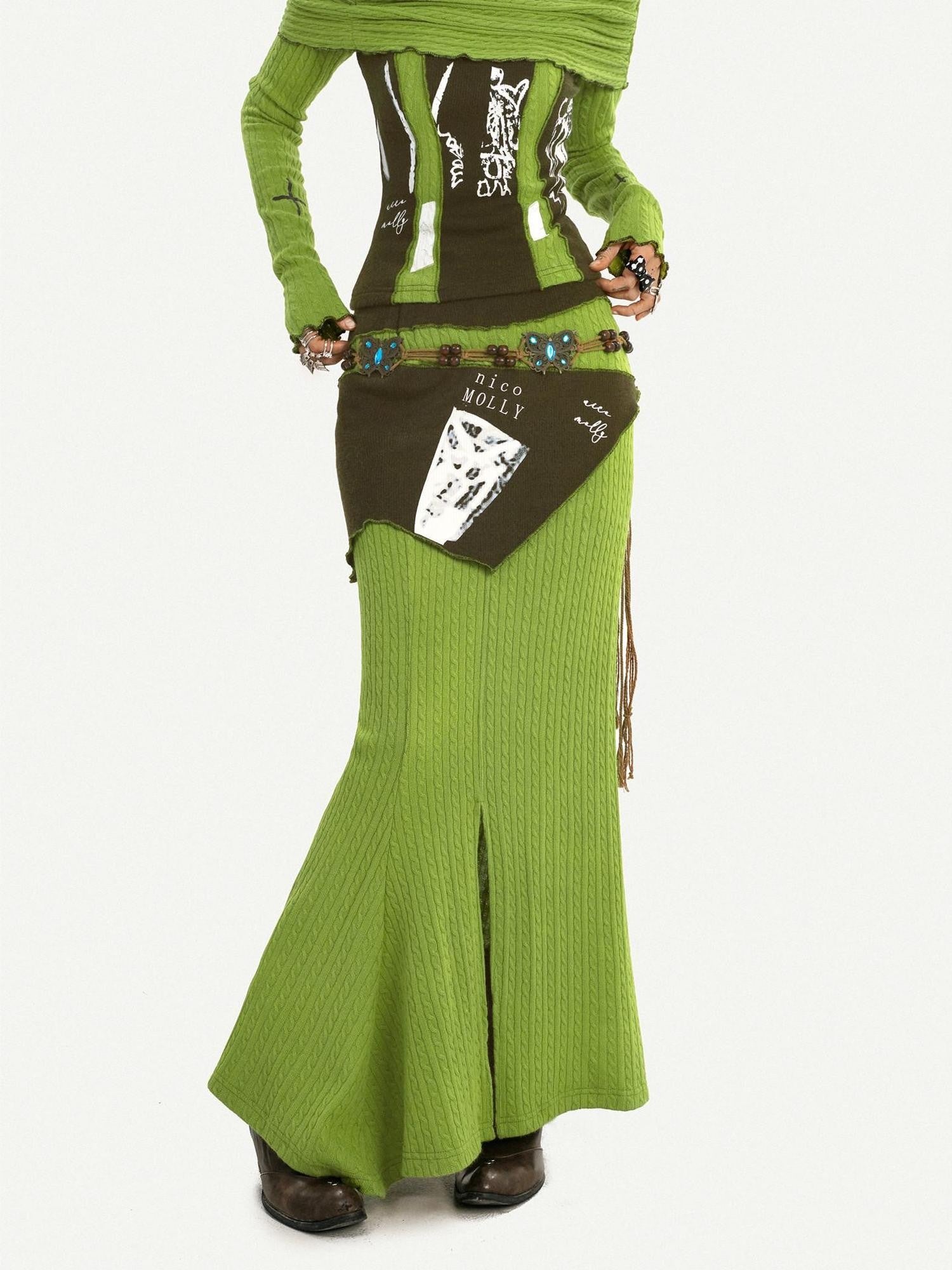 Nico Molly Buttery Green Letter Print Off Shoulder Slit Women's Top & Skirt Sets