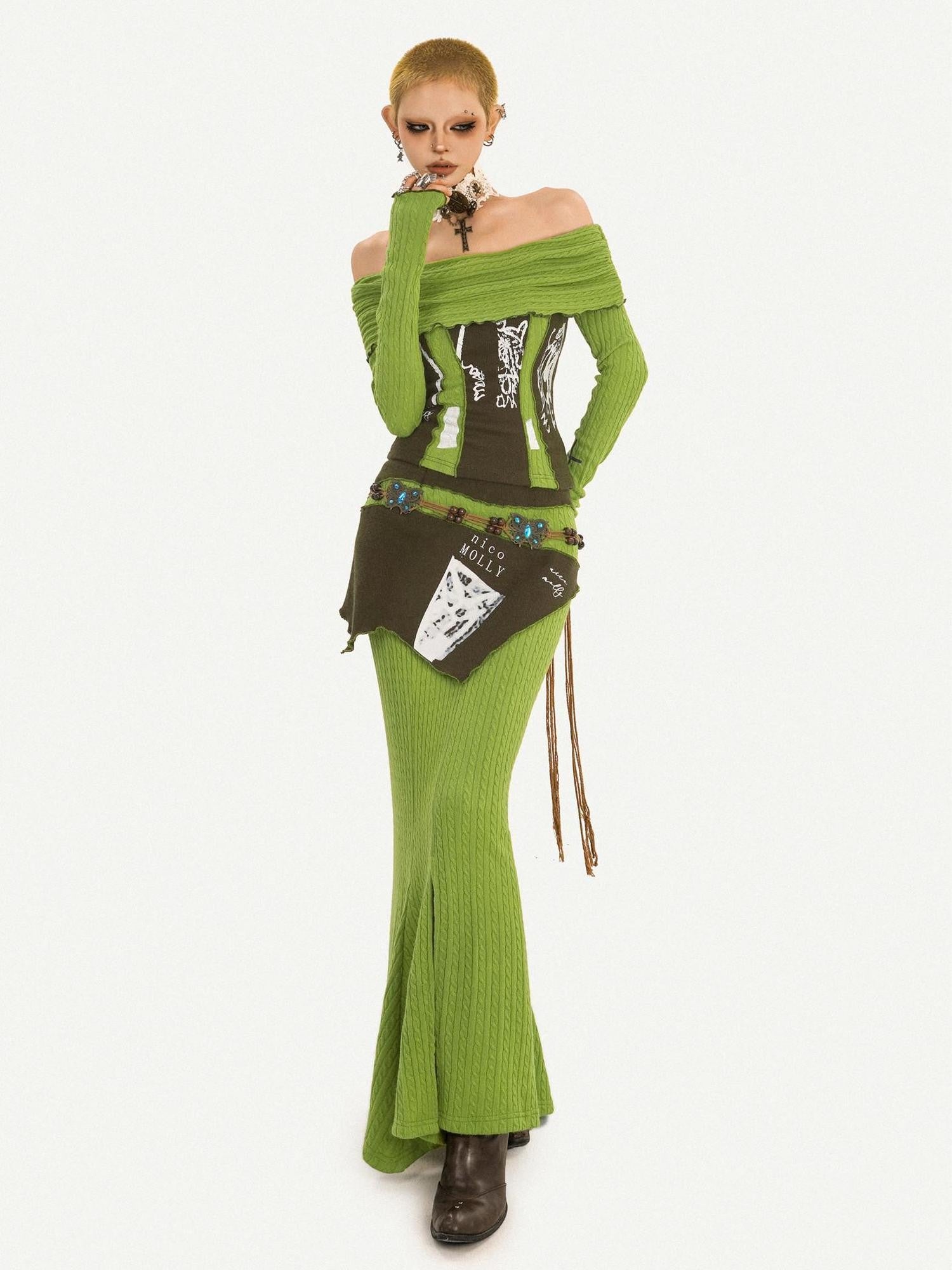 Nico Molly Buttery Green Letter Print Off Shoulder Slit Women's Top & Skirt Sets