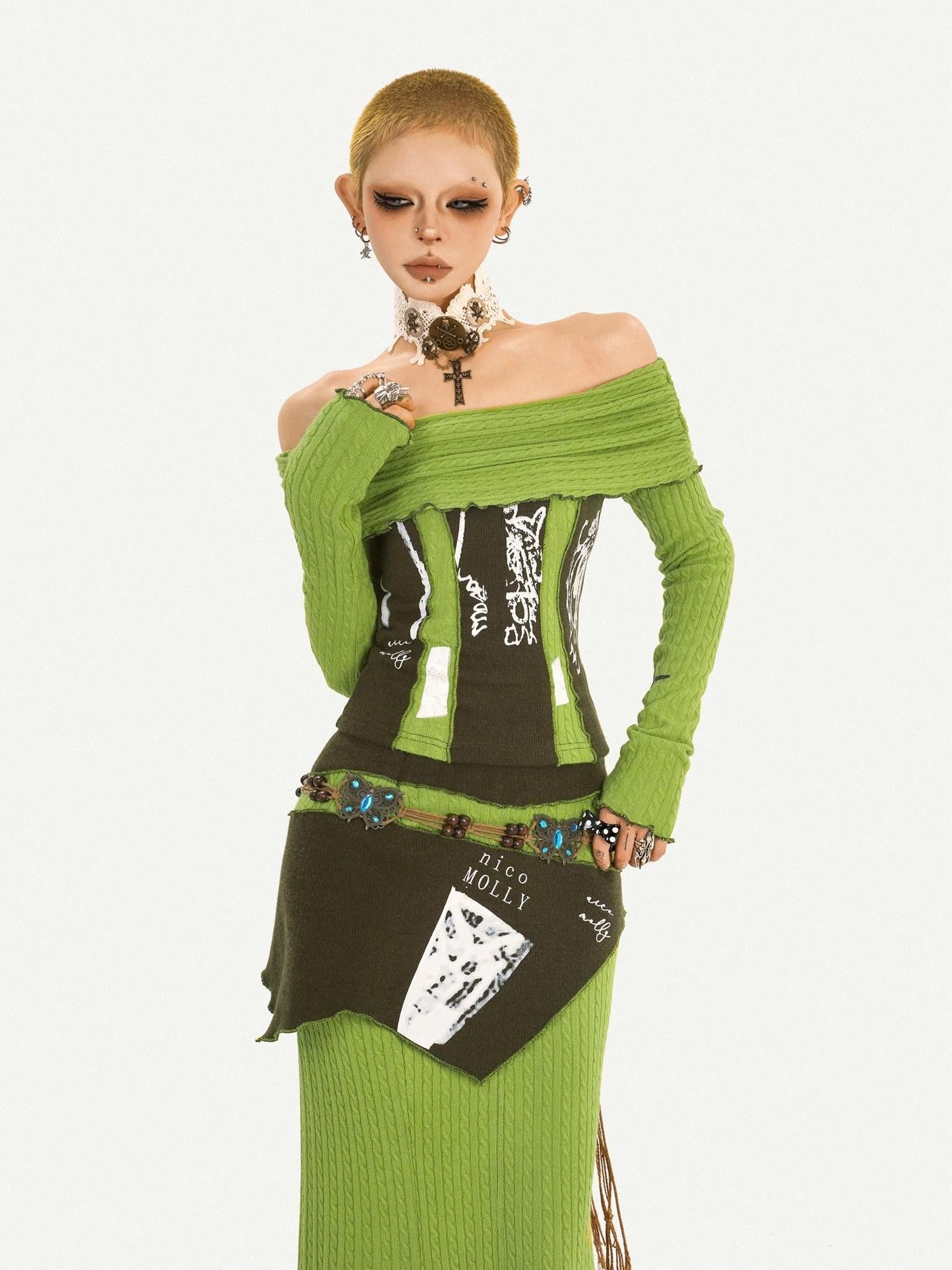 Nico Molly Buttery Green Letter Print Off Shoulder Slit Women's Top & Skirt Sets