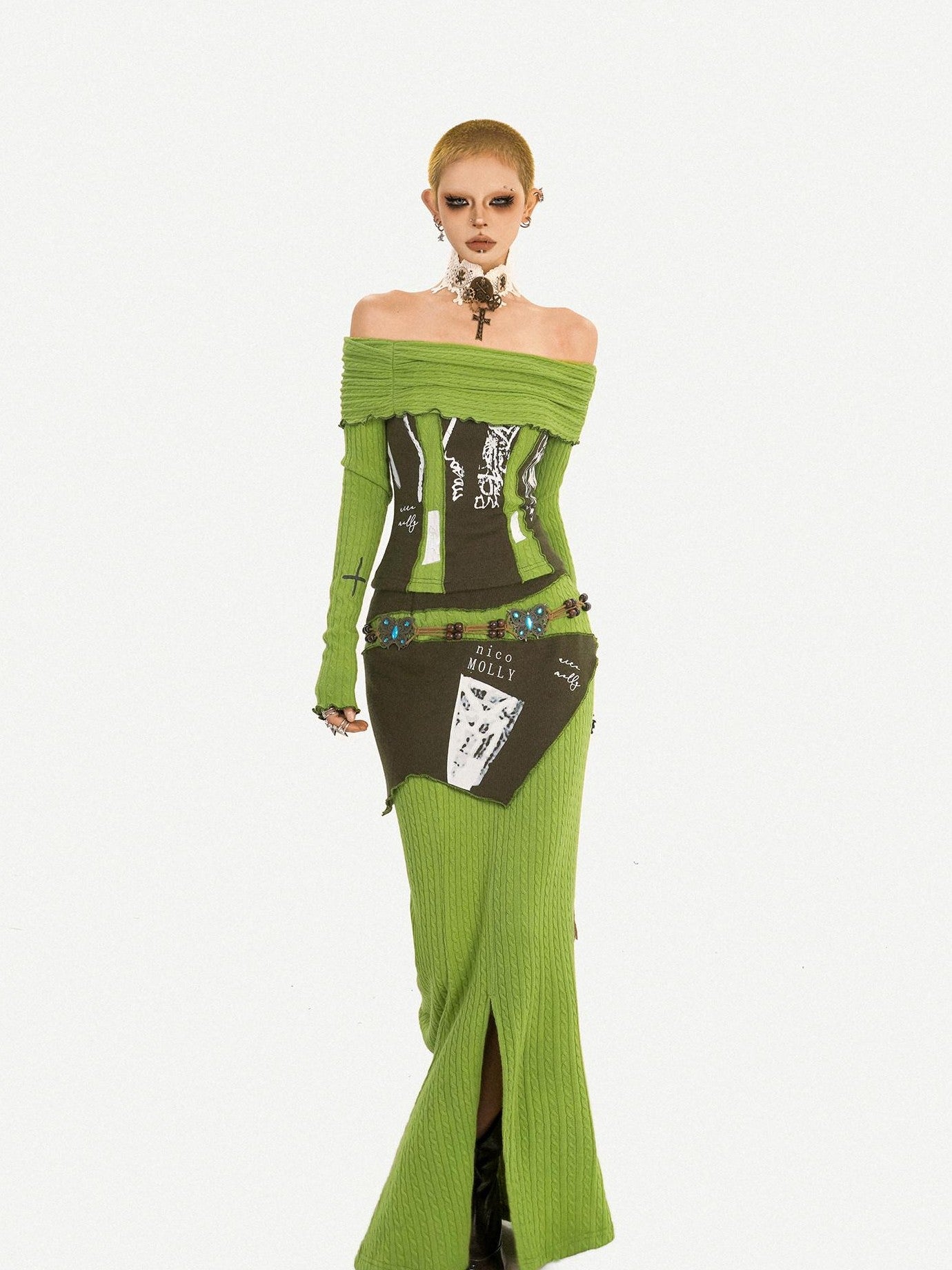 Nico Molly Buttery Green Letter Print Off Shoulder Slit Women's Top & Skirt Sets