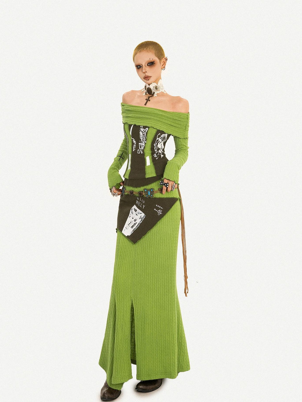 Nico Molly Buttery Green Letter Print Off Shoulder Slit Women's Top & Skirt Sets