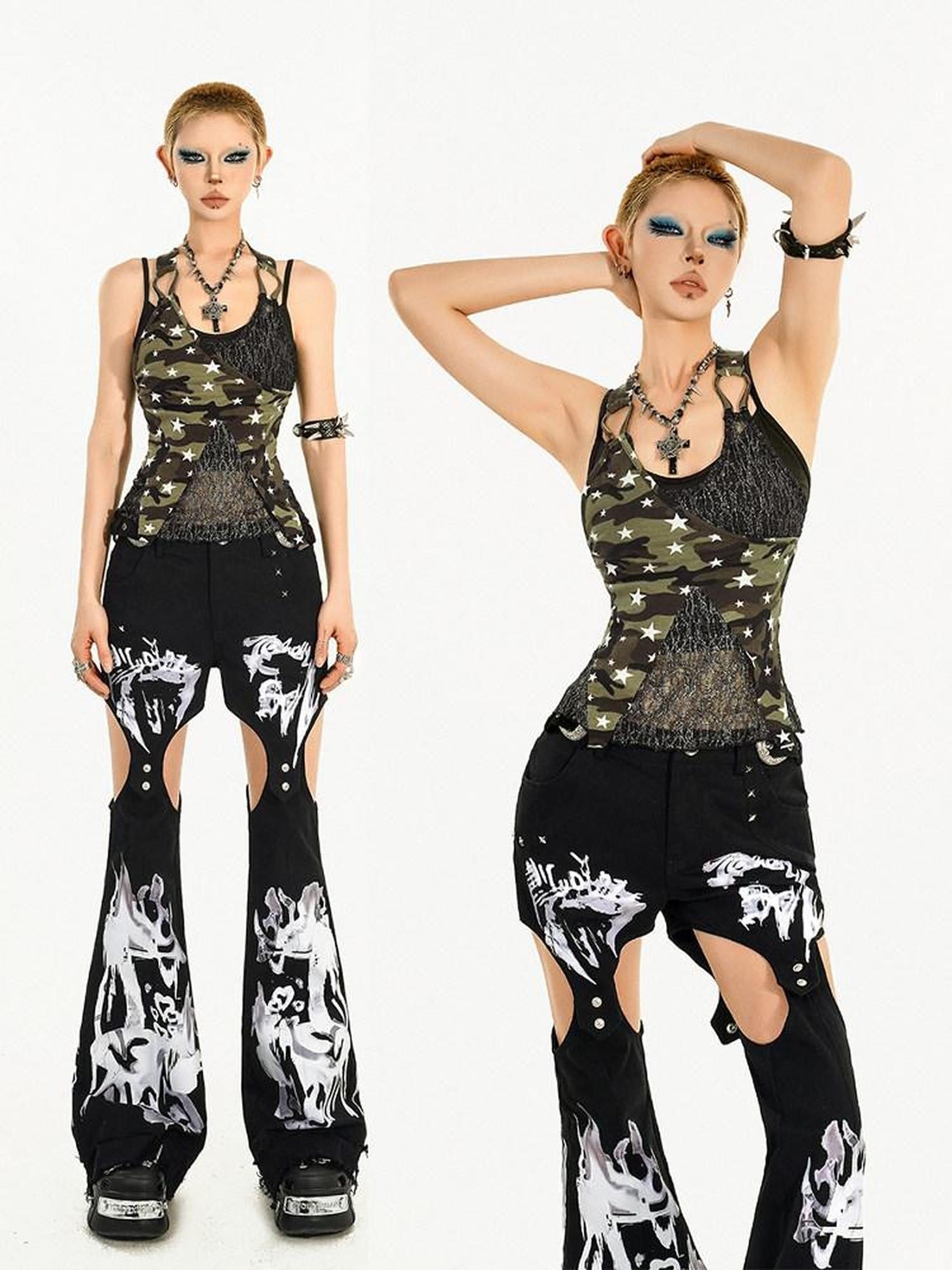 Nico Molly Camouflage Patchwork Faux Two Piece Heavy Work Slim Women's Camisoles