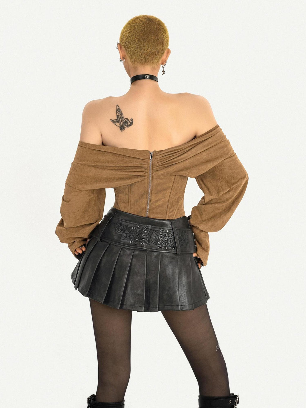 Nico Molly Caramel Boned Bustier Tie Off Shoulder V-neck Women's Long Sleeve T-shirts