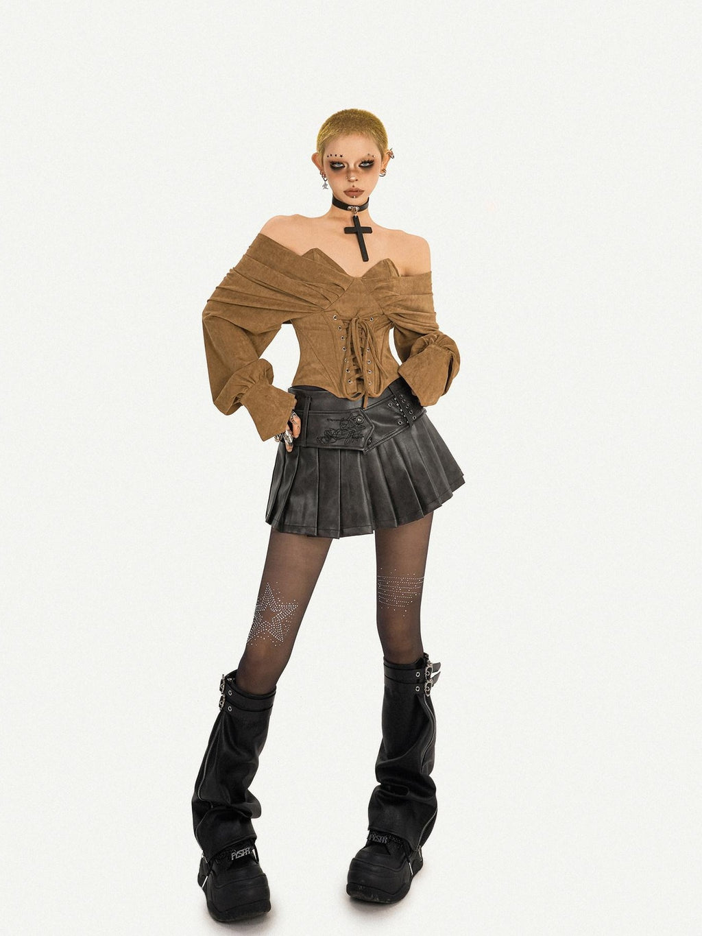 Nico Molly Caramel Boned Bustier Tie Off Shoulder V-neck Women's Long Sleeve T-shirts