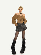 Nico Molly Caramel Boned Bustier Tie Off Shoulder V-neck Women's Long Sleeve T-shirts