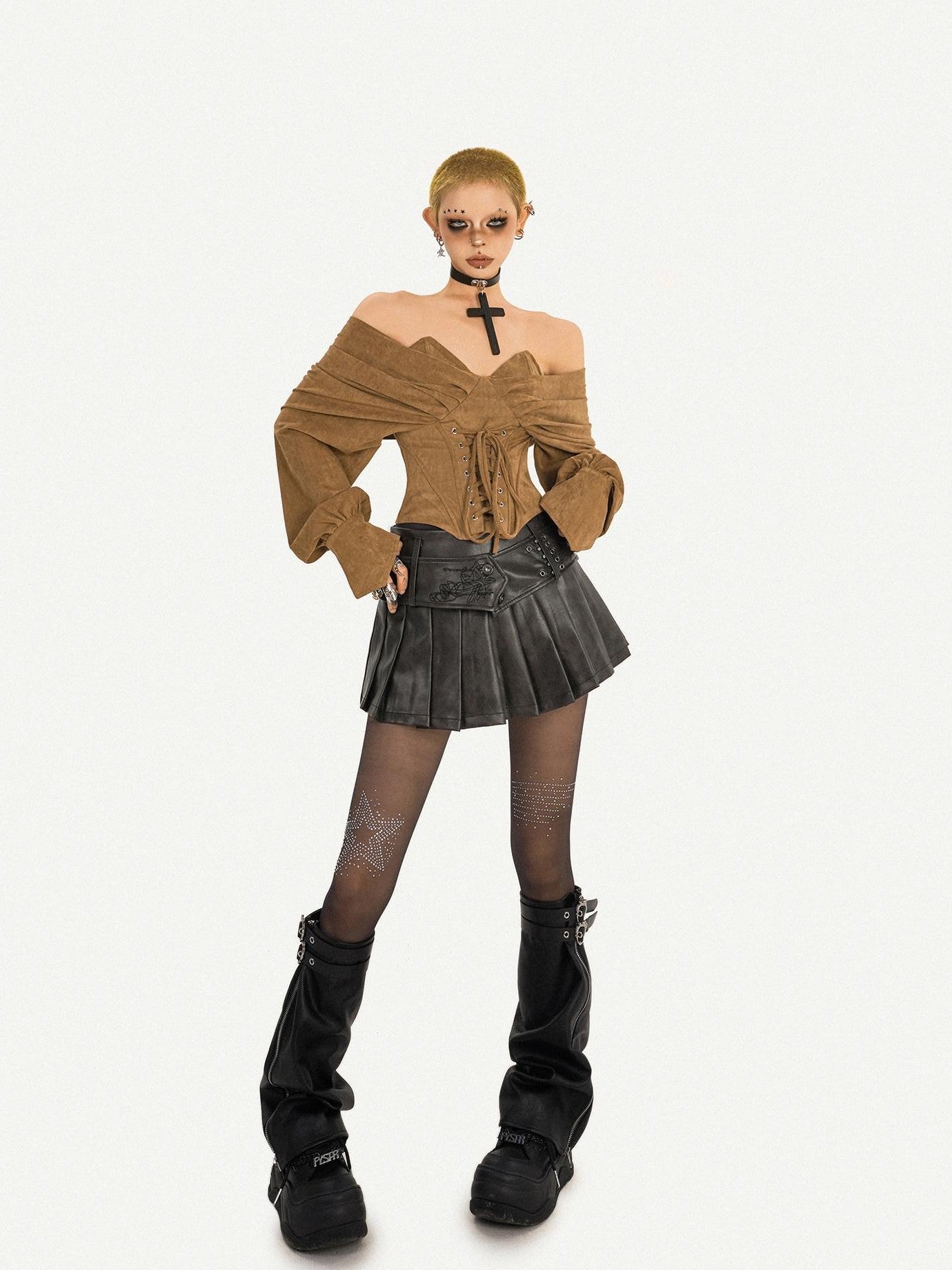 Nico Molly Caramel Boned Bustier Tie Off Shoulder V-neck Women's Long Sleeve T-shirts