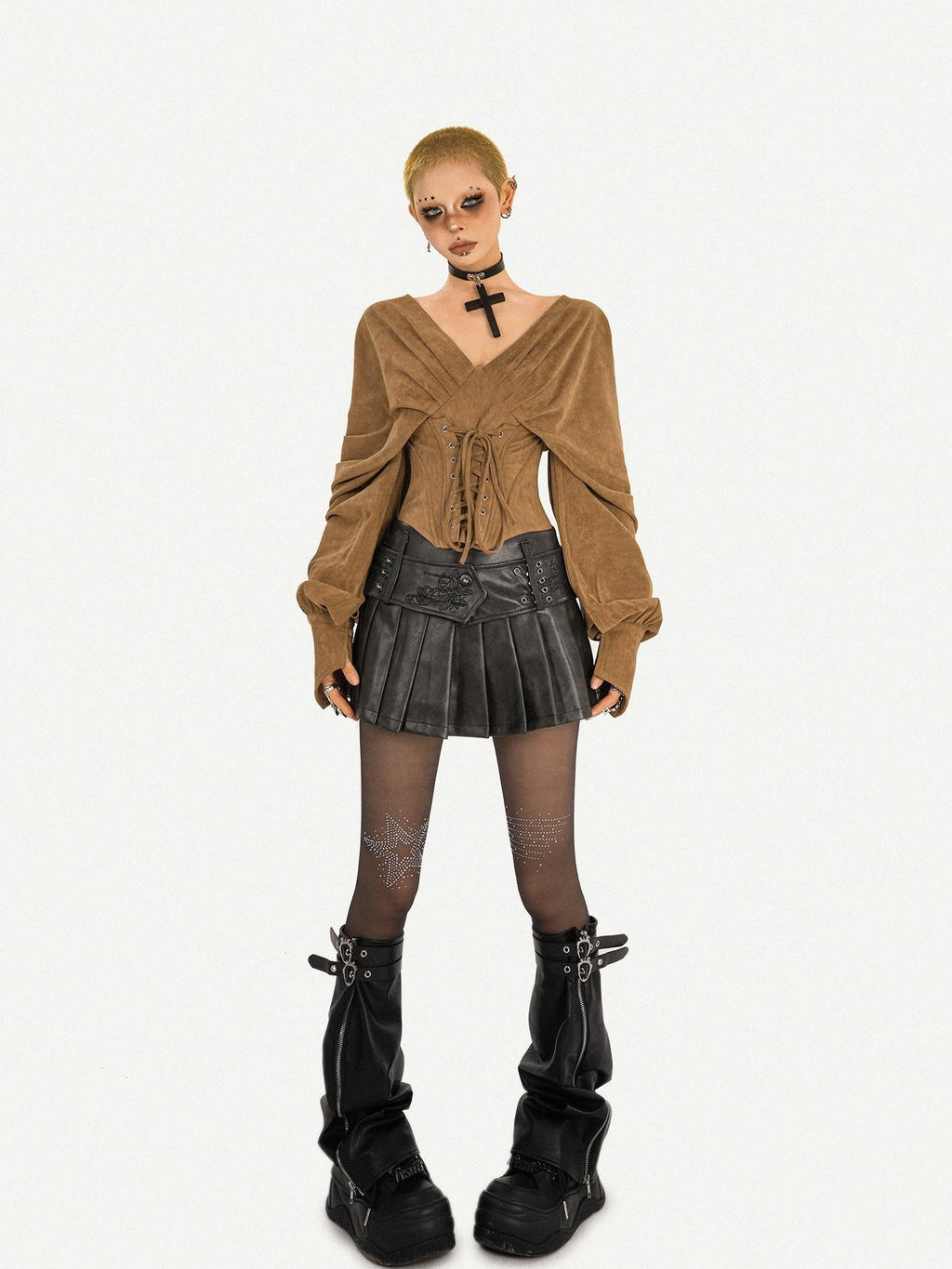 Nico Molly Caramel Boned Bustier Tie Off Shoulder V-neck Women's Long Sleeve T-shirts
