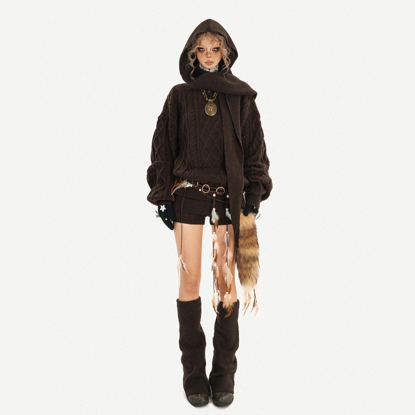 Nico_Molly_Chestnut_Knitted_Crewneck_Loose_Women's_Low_Waist_Top_&_Shorts_Sets_990937102915_MISSTT