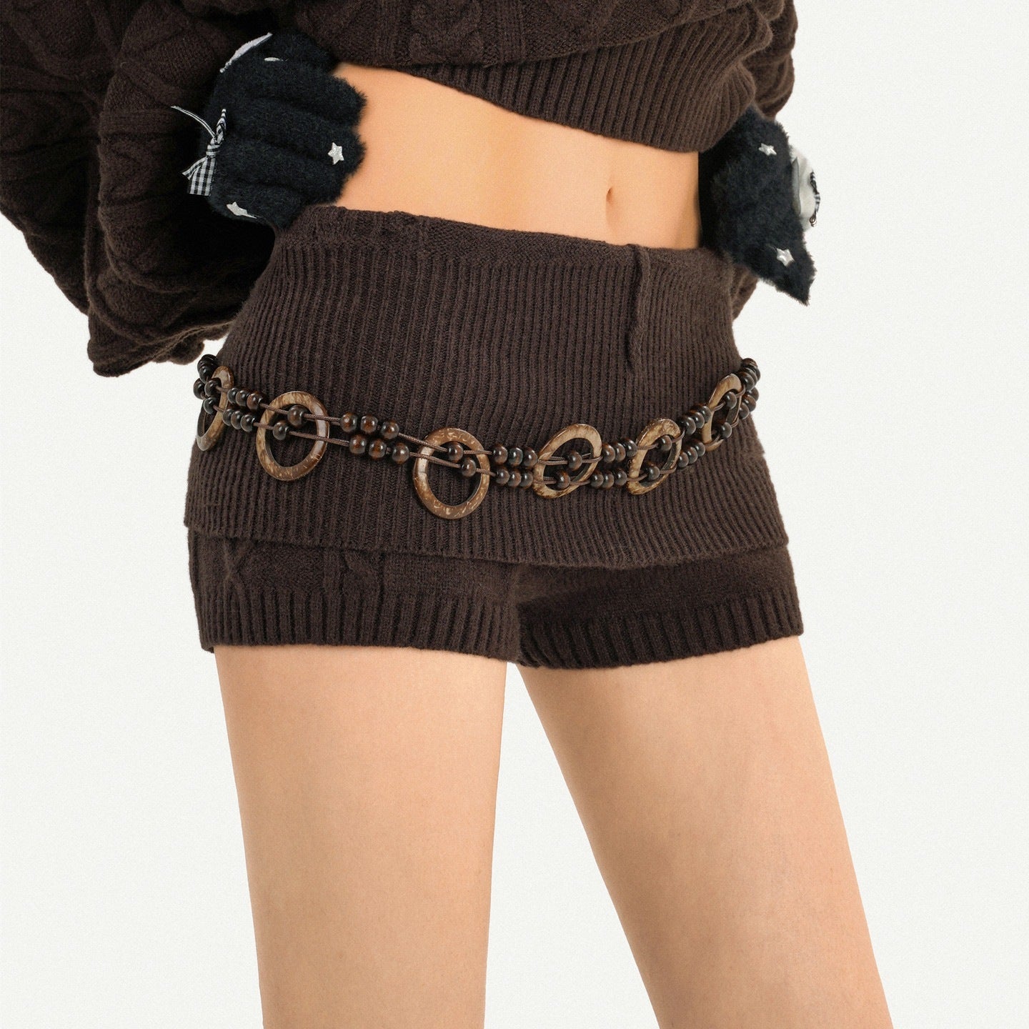 Nico_Molly_Chestnut_Knitted_Crewneck_Loose_Women's_Low_Waist_Top_&_Shorts_Sets_990937102915_MISSTT