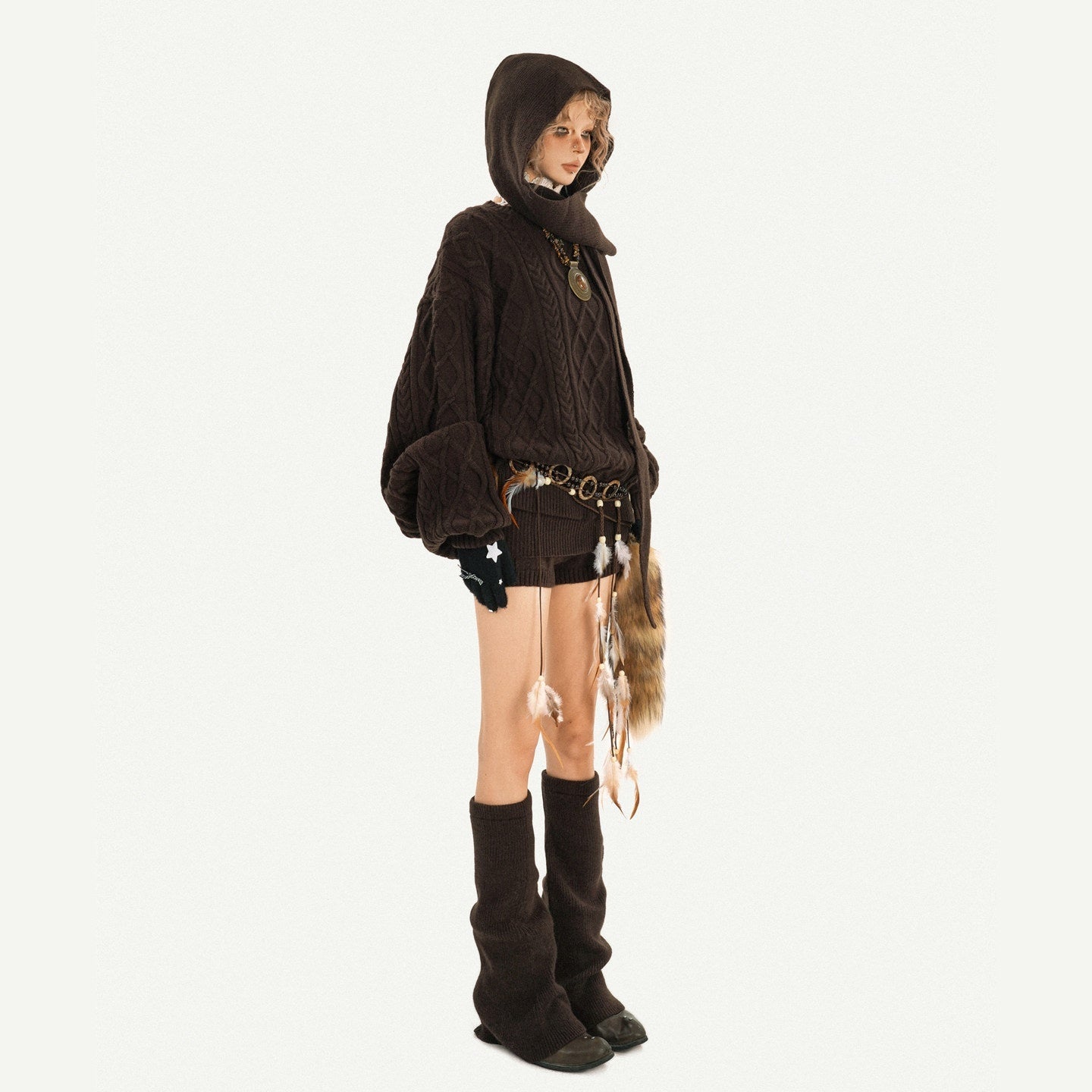 Nico_Molly_Chestnut_Knitted_Crewneck_Loose_Women's_Low_Waist_Top_&_Shorts_Sets_990937102915_MISSTT