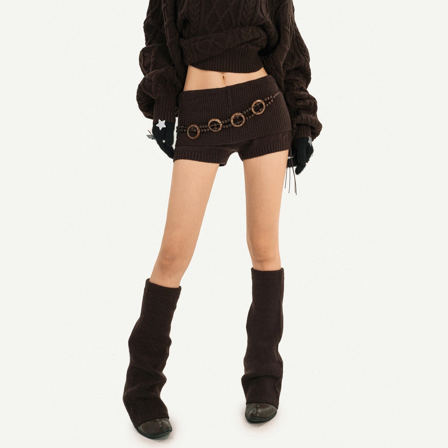 Nico_Molly_Chestnut_Knitted_Crewneck_Loose_Women's_Low_Waist_Top_&_Shorts_Sets_990937102915_MISSTT
