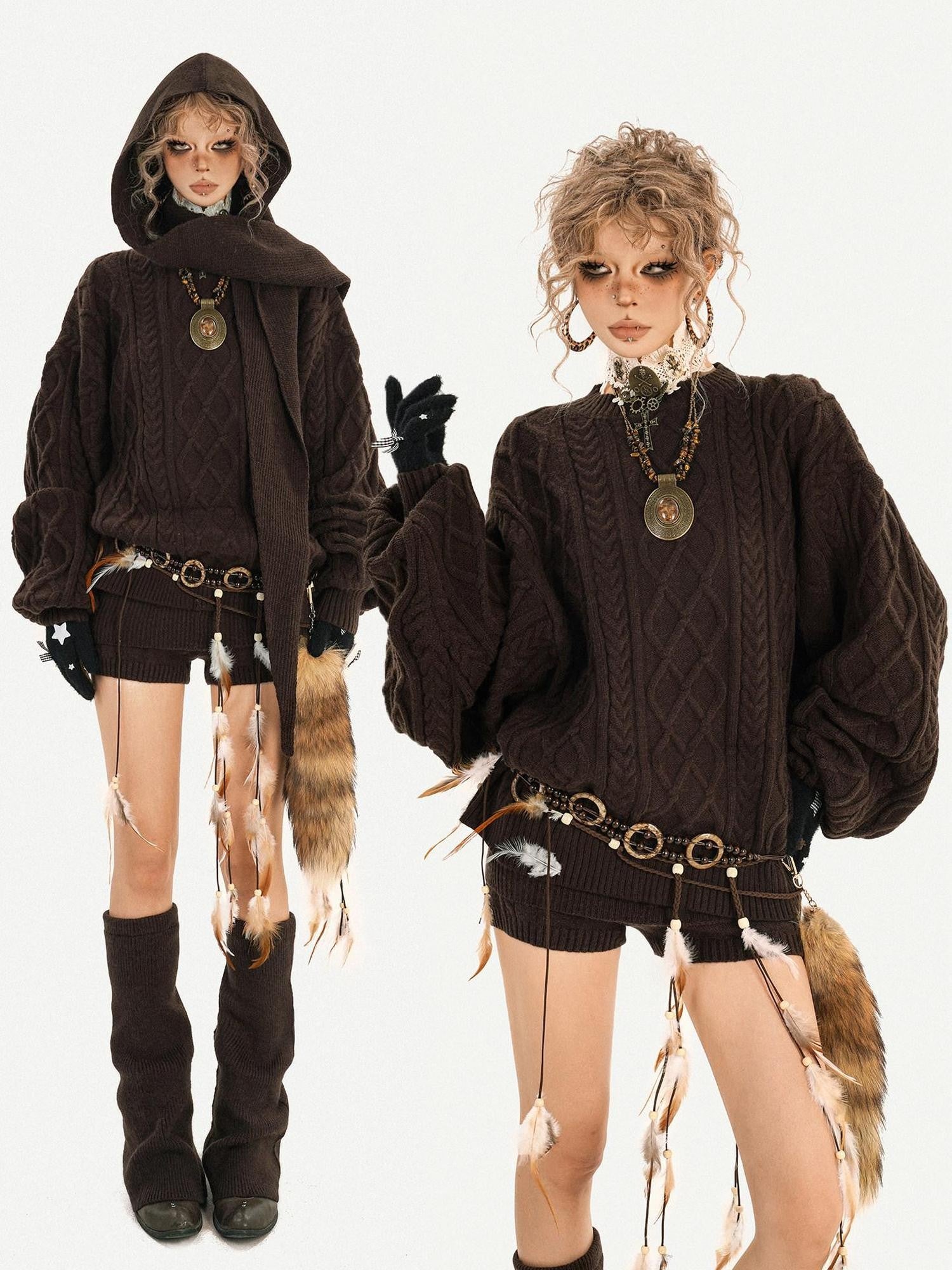 Nico Molly Chestnut Knitted Crewneck Loose Women's Low Waist Top & Shorts Sets