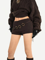 Nico Molly Chestnut Knitted Crewneck Loose Women's Low Waist Top & Shorts Sets